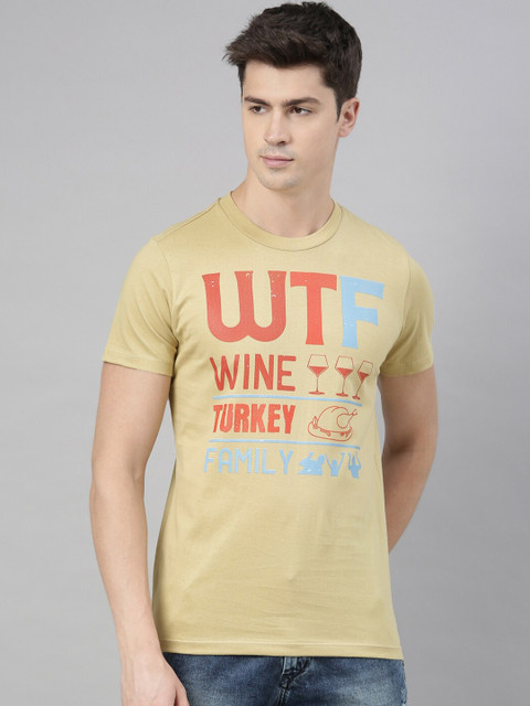

QUANCIOUS Men Beige Printed Round Neck Sustainable T-shirt