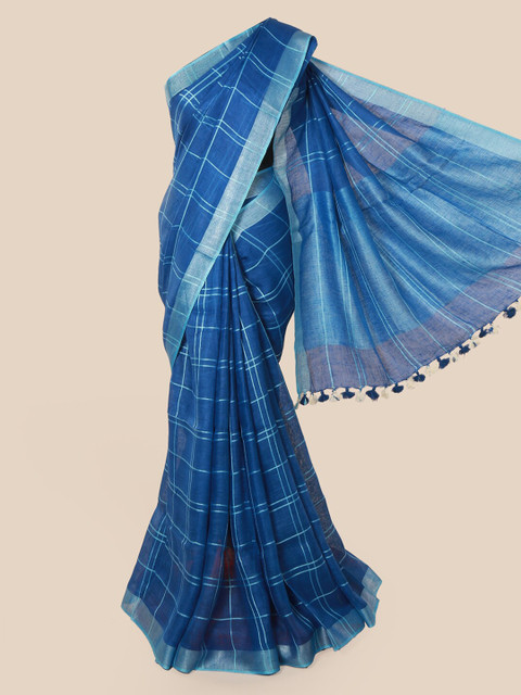 

Pothys Blue & Silver-Coloured Linen Blend Checked Saree