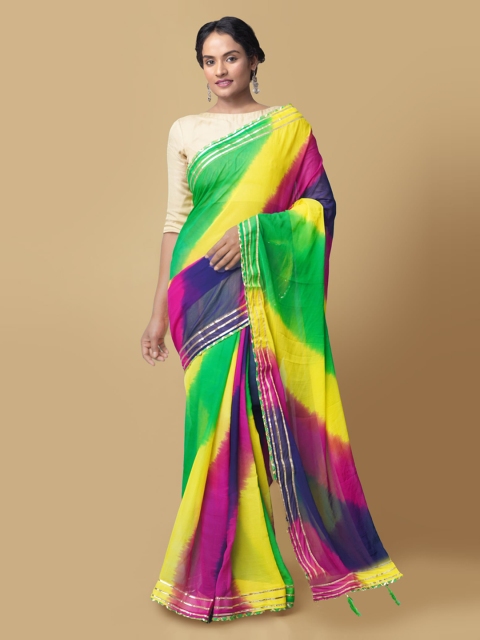 

Unnati Silks Green & Yellow Pure Chiffon Printed Leheriya Saree