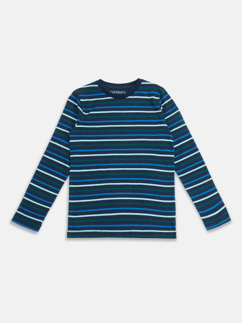 

Pantaloons Junior Boys Navy Blue Green Striped Round Neck Cotton Pure Cotton T-shirt