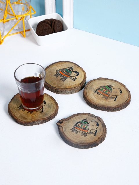 

Aapno Rajasthan Set Of 4 Brown & Green Printed Handcrafted Round Wooden Coasters