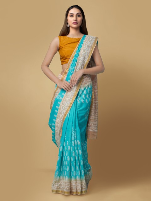 

Unnati Silks Blue & Beige Pure Cotton Printed Block Print Handloom Saree