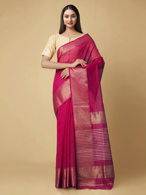 

Unnati Silks Pink Silk Cotton Solid Handloom Maheshwari Saree