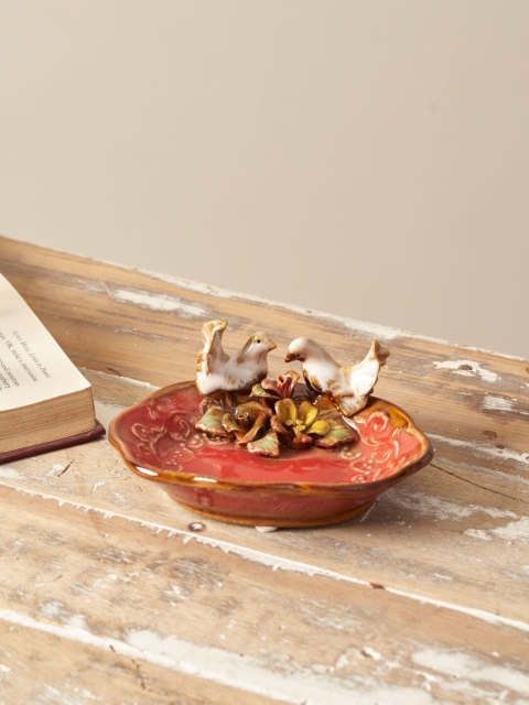 

THEDECORKART Red & Brown Textured The Decor Kart Birds of a Leaf Mini Platter