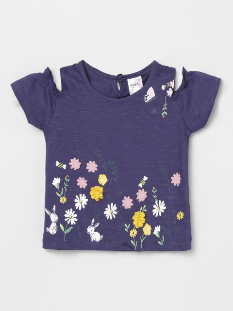 

max Blue Floral Printed Cold-Shoulder Sleeves Pure Cotton Regular Top