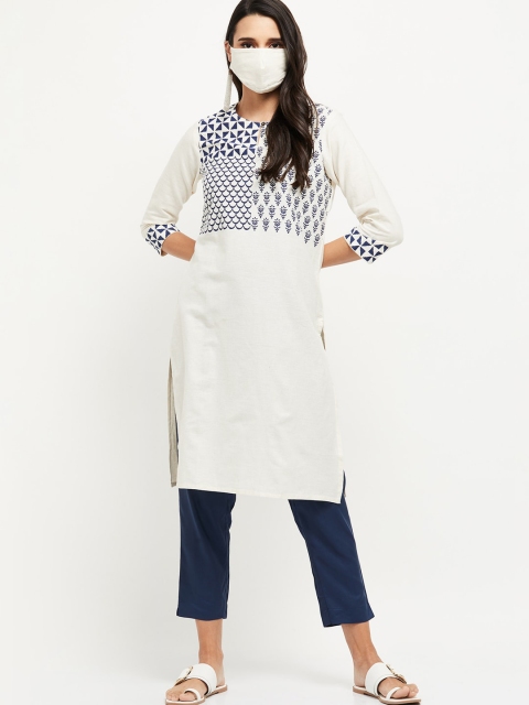 

max Women Off White Geometric Yoke Design Kurta With Mask