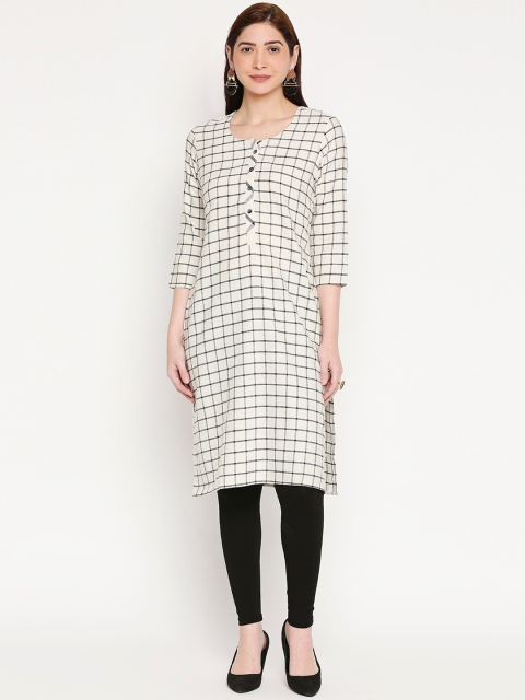

ZRI Women Cream-Coloured Checked Thread Work Kurta