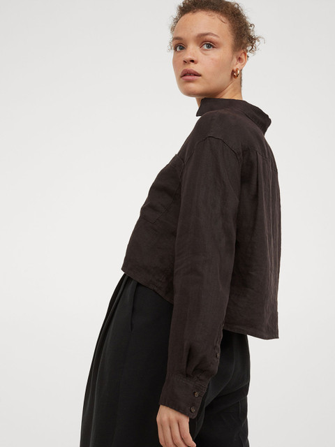 

H&M Women Brown Solid Cropped Linen Shirt