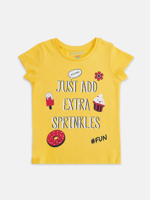 

Pantaloons Junior Girls Yellow Printed Cotton Round Neck Pure Cotton T-shirt