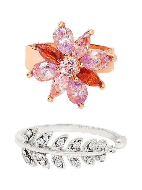 

Mahi Rose Set Of 2 Stone-Studded Adjustable Finger Rings, Rose gold