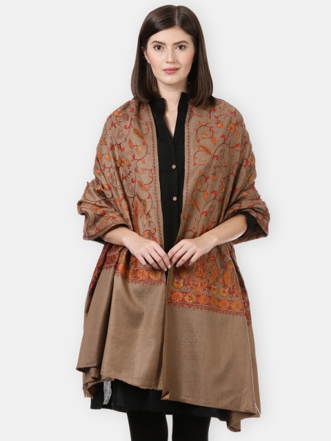 Pashtush Women Brown & Orange Embroidered Woolen Shawl