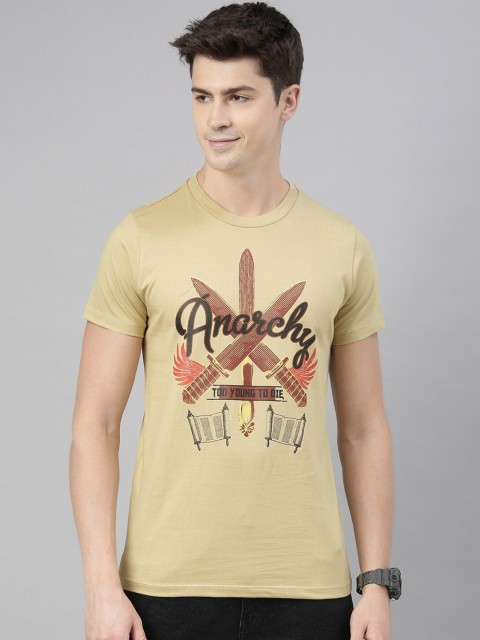 

QUANCIOUS Men Beige Printed Round Neck T-shirt