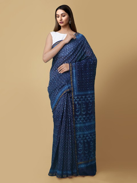 

Unnati Silks Blue Silk Cotton Printed Chanderi Handloom Saree