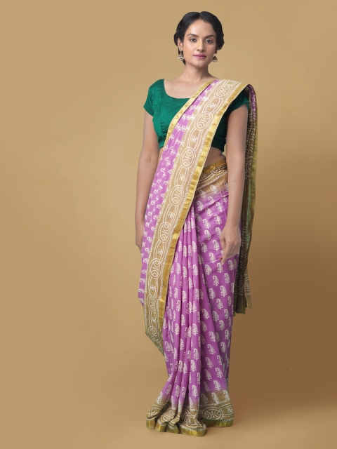 

Unnati Silks Lavender & Beige Pure Cotton Printed Block Print Handloom Saree