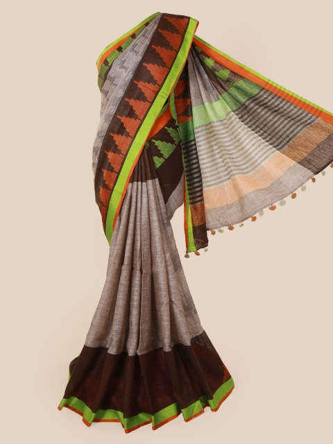 

Pothys Grey & Brown Linen Blend Woven Design Saree With Tasseled Pallu