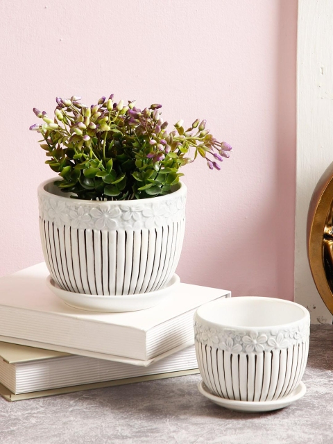 Aapno Rajasthan Set Of 2 White Self Striped Ceramic Pots
