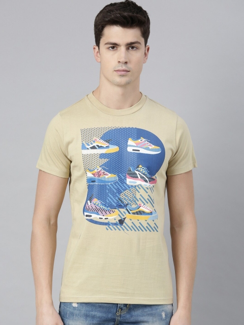 

QUANCIOUS Men Beige Printed Round Neck T-shirt