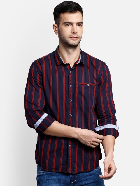 

COBB Men Red & Navy Blue Slim Fit Striped Casual Shirt