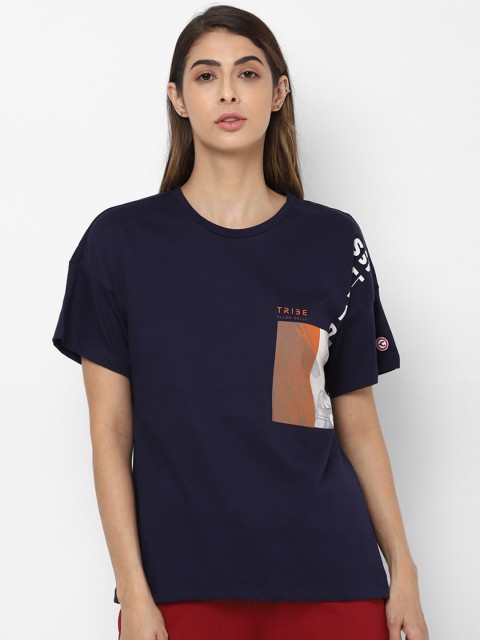 

Allen Solly Woman Navy Blue Printed Round Neck Pure Cotton T-shirt