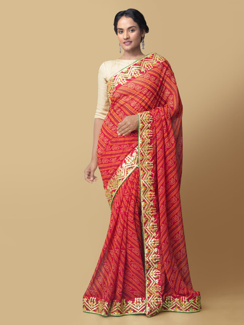 

Unnati Silks Red Pure Chiffon Printed Handloom Bandhani Saree