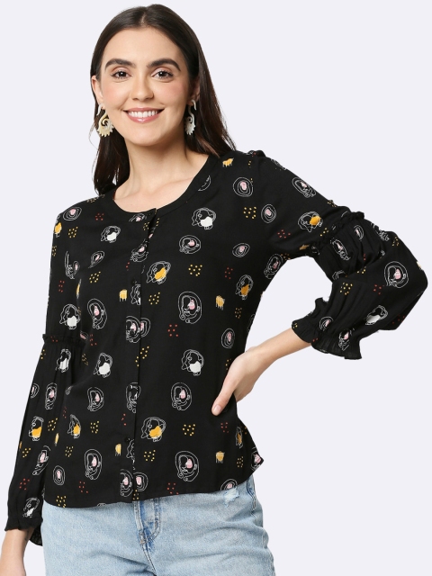 

Bewakoof Black Printed Bishop Sleeves Pure Cotton Regular Top