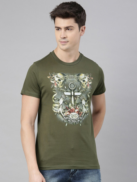 

QUANCIOUS Men Olive Green & Off-White Printed Round Neck Organic Cotton Sustainable T-shirt