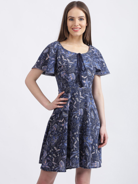 

Zink London Women Navy Blue& Pink Floral Printed Fit and Flare Dress