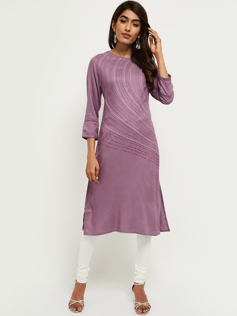 

max Women Lavender & White Embroidered Kurta