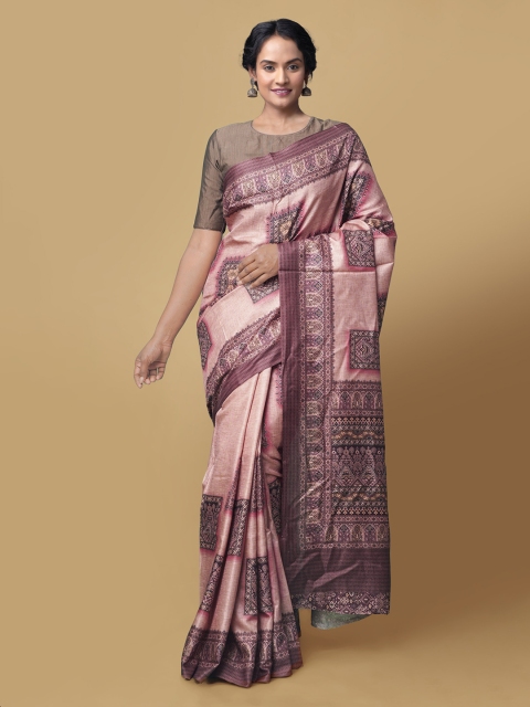 

Unnati Silks Peach-Coloured & Brown Pure Silk Printed Block Print Handloom Sustainable Saree