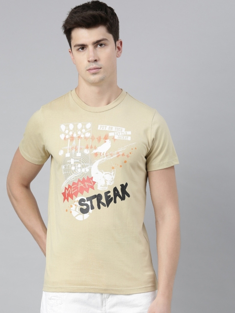 

QUANCIOUS Men Beige & White Printed Round Neck Organic Cotton Sustainable T-shirt