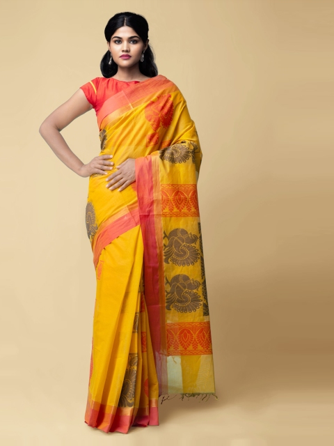 

Unnati Silks Yellow & Red Pure Cotton Woven Design Uppada Saree