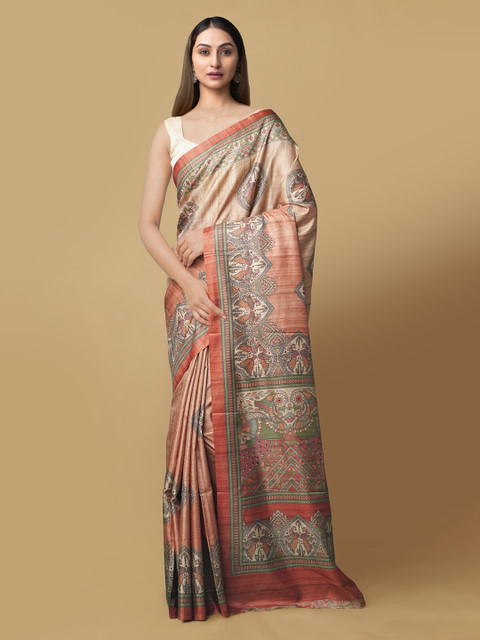 

Unnati Silks Orange & Cream-Coloured Pure Silk Printed Block Print Handloom Saree