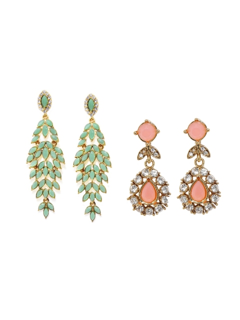 Mahi Set of 2 Green & Coral Contemporary Drop Earrings