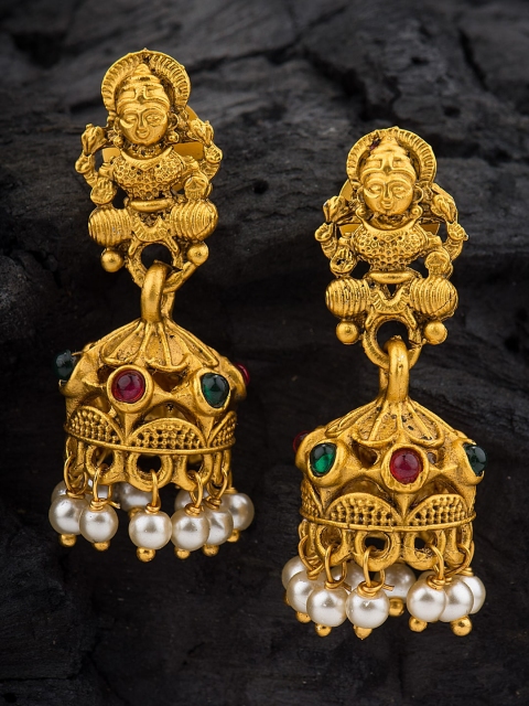 

Alankruthi White Gold-Plated Dome Shaped Stone Studded Temple Jhumkas