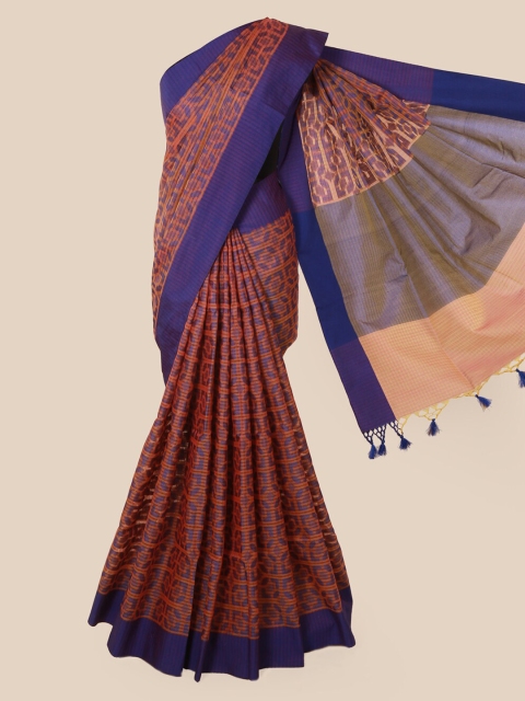 

Pothys Peach-Coloured & Blue Supernet Printed Saree