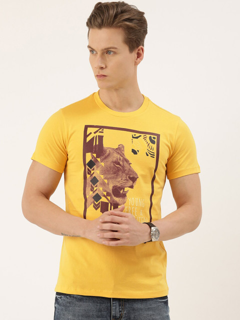 

QUANCIOUS Men Mustard Printed Round Neck Organic Cotton T-shirt