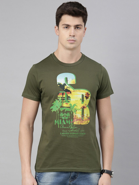 

QUANCIOUS Men Olive Green & Yellow Printed Round Neck Organic Cotton Sustainable T-shirt