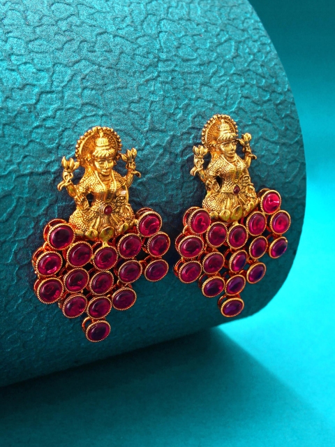 

aadita Gold-Plated & Pink Kundan Studded Temple Drop Earrings