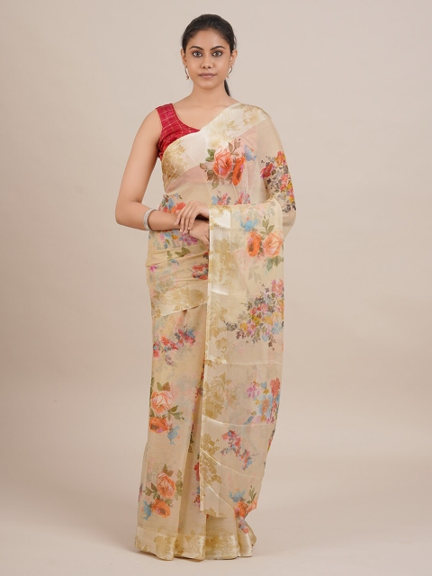 

Pothys Cream-Coloured & Red Poly Chiffon Printed Saree