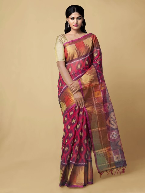 

Unnati Silks Pink Cotton Blend Printed Ikat Handloom Saree