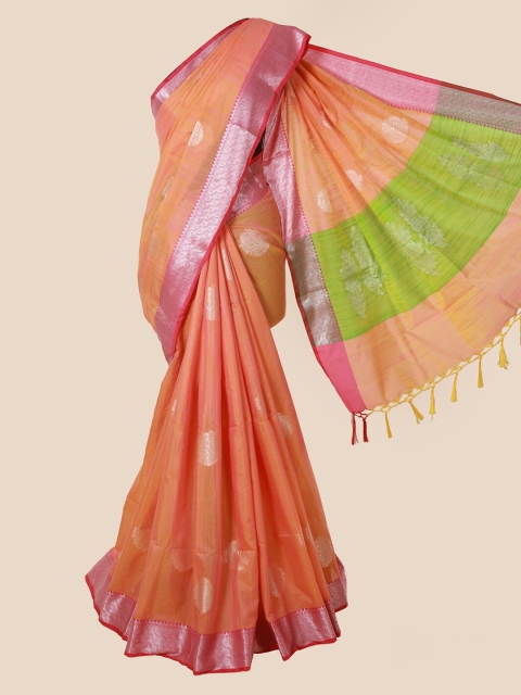 

Pothys Peach-Coloured & Green Cotton Blend Woven Design Saree