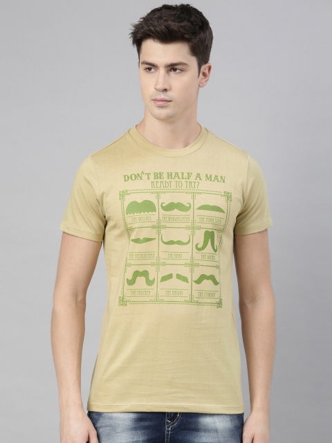 

QUANCIOUS Men Beige Printed Round Neck T-shirt