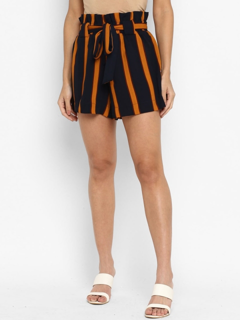 

Fbella Women Navy Blue & Mustard Yellow Striped Regular Fit Shorts