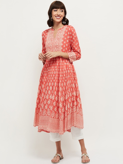 

max Women Coral Orange & White Ethnic Motifs Printed Anarkali Kurta