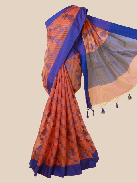 

Pothys Peach-Coloured & Blue Supernet Printed Saree