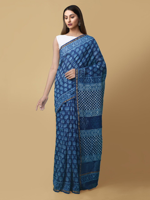 

Unnati Silks Blue Silk Cotton Printed Chanderi Sustainable Saree