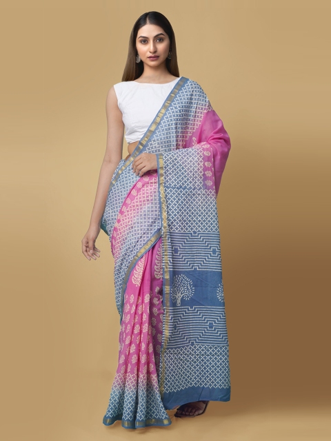 

Unnati Silks Pink & Blue Pure Cotton Printed Block Print Handloom Saree