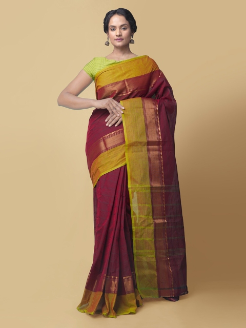 Unnati Silks Maroon & Green Pure Cotton Checked Handloom Uppada Saree
