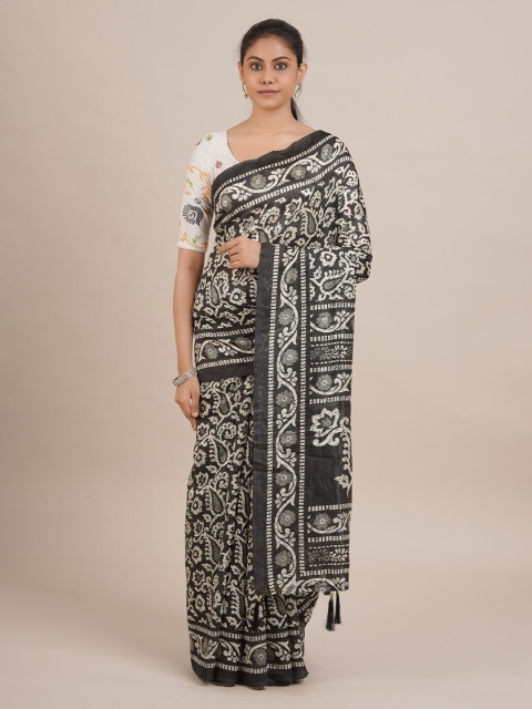 

Pothys Black & Off-White Jute Silk Printed Saree