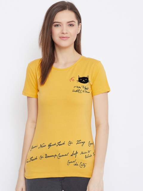 

Bishop Cotton Women Mustard Printed Round Neck T-shirt